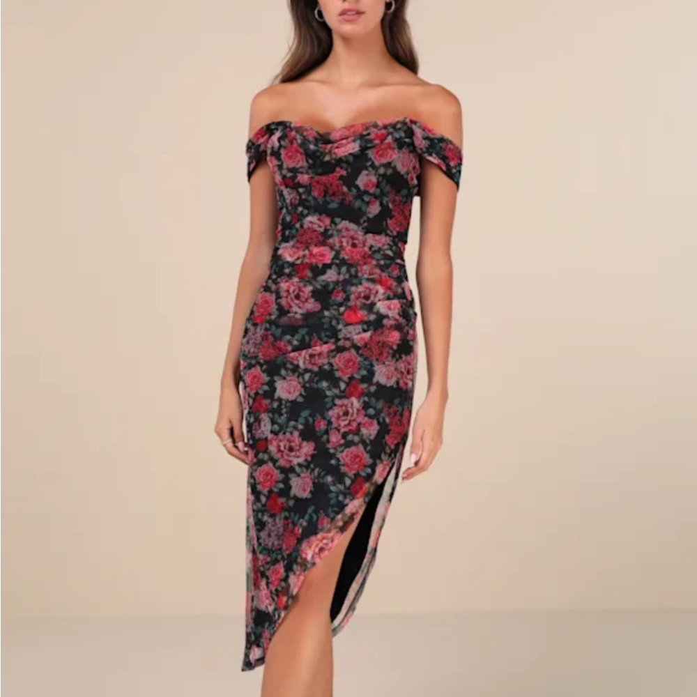 NWT Lulus Idyllic Beauty Black Floral Off-The-Shoulder Midi Dress